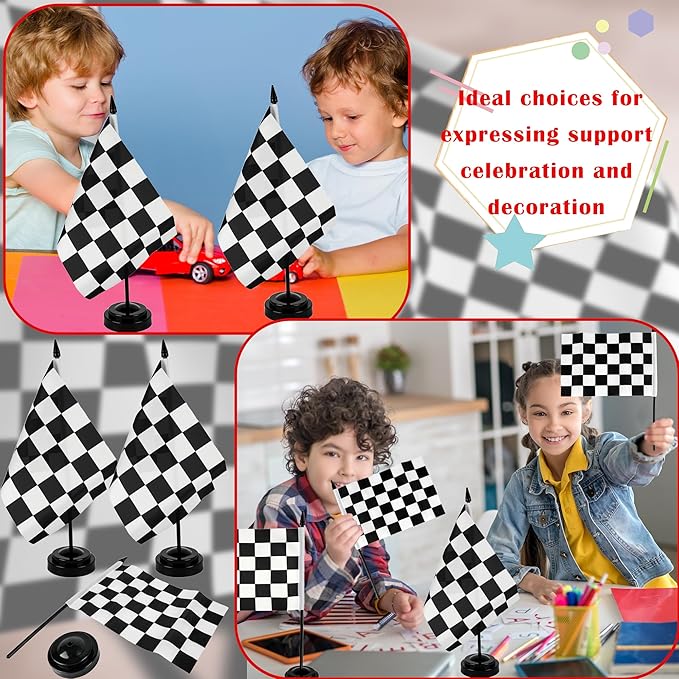 28 Pcs Black and White Checkered Racing Stick Flag Mini Race Car Office Table Desk Flags with Stand Base for Race Car Office Home Decorations and Party Celebrations