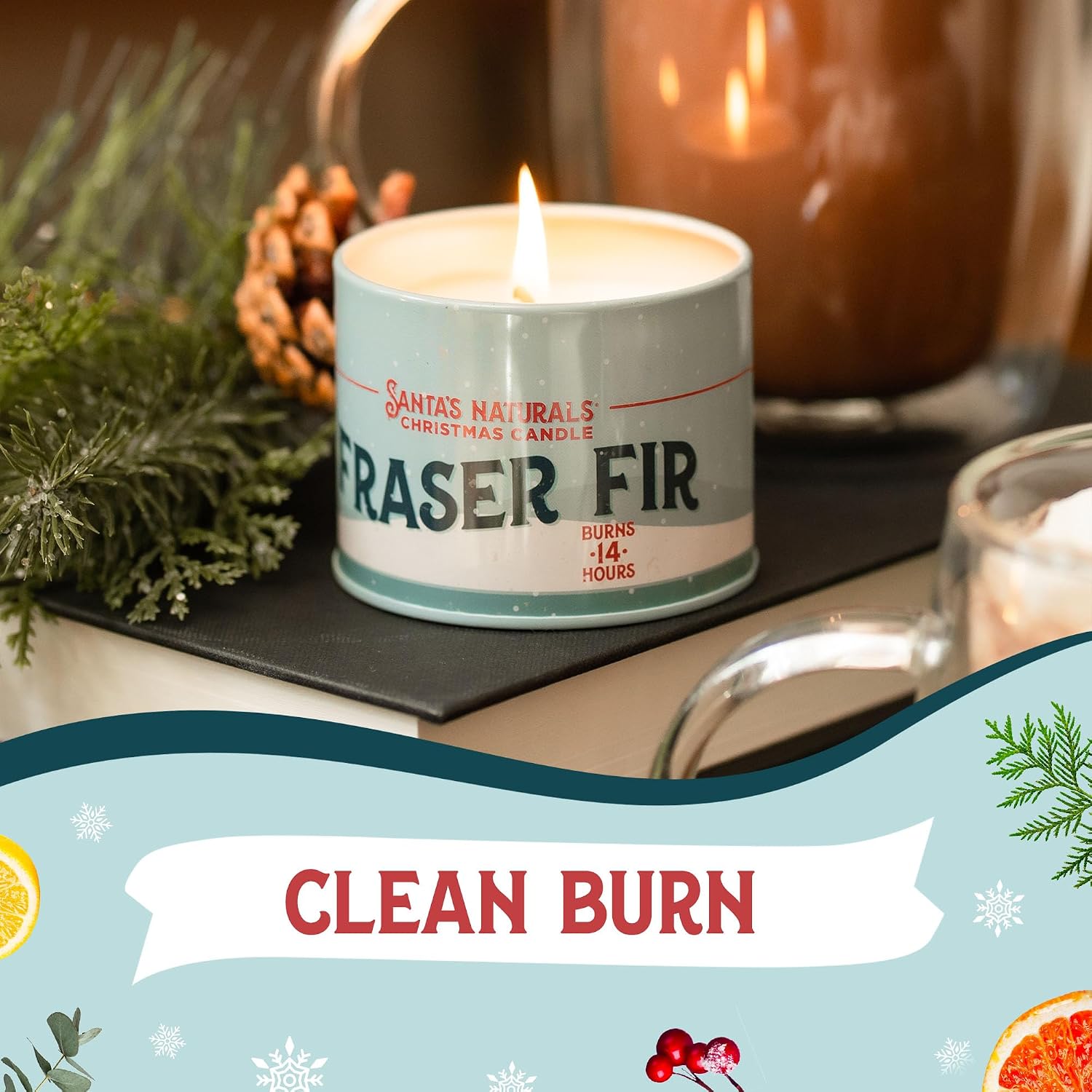 Santa's Naturals Fraser Fir Mini Christmas Candles, 3.5 oz (Pack of 3) | Soy & beeswax blend candles with fresh fir, cedar & cypress scent; up to 14-hour burn time each