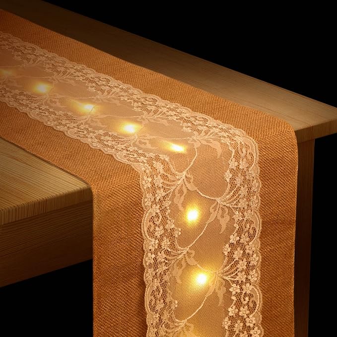 Burlap Table Runner with LED String Lights Rustic 12" x 108" Christmas Tablecloth Lighted Table Runner Farmhouse Decor for Wedding Bridal Shower Xmas Holiday