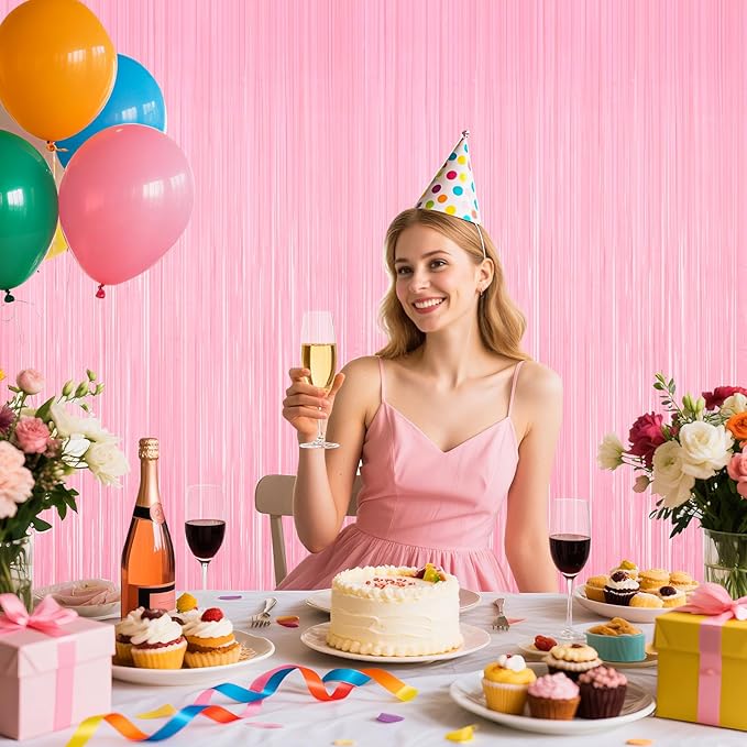 2Pack Foil Curtain Pastel Pink Backdrop Streamers Metallic Tinsel Fringe Curtains Photo Booth Props for Birthday Wedding Engagement Bachelorette Christmas Celebration Valentines Party Decorations