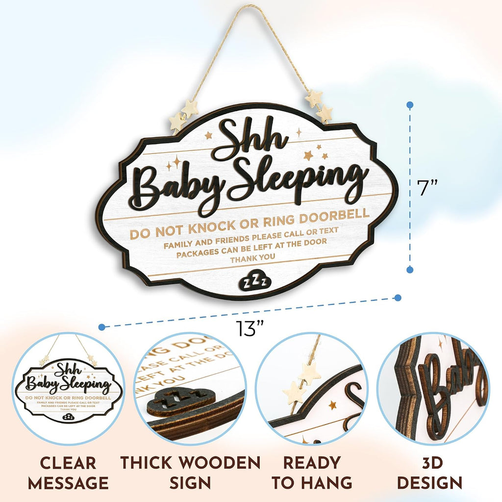 Woodamore Shhh Baby Sleeping Sign for Front Door - Please Do Not Knock Or Ring Doorbell Sign, Baby Sleeping Door Sign, No Knocking Door Sign, No Soliciting Do Not Knock Sign