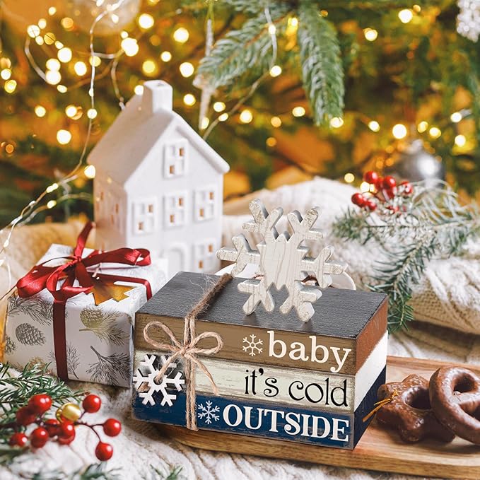 4 Pcs Winter Christmas Decor Winter Table Decorations Christmas Tiered Tray Decor Centerpiece Decorations Indoor Rustic Wooden Snowflake Block Sign Gift Farmhouse for Home Kitchen Shelf