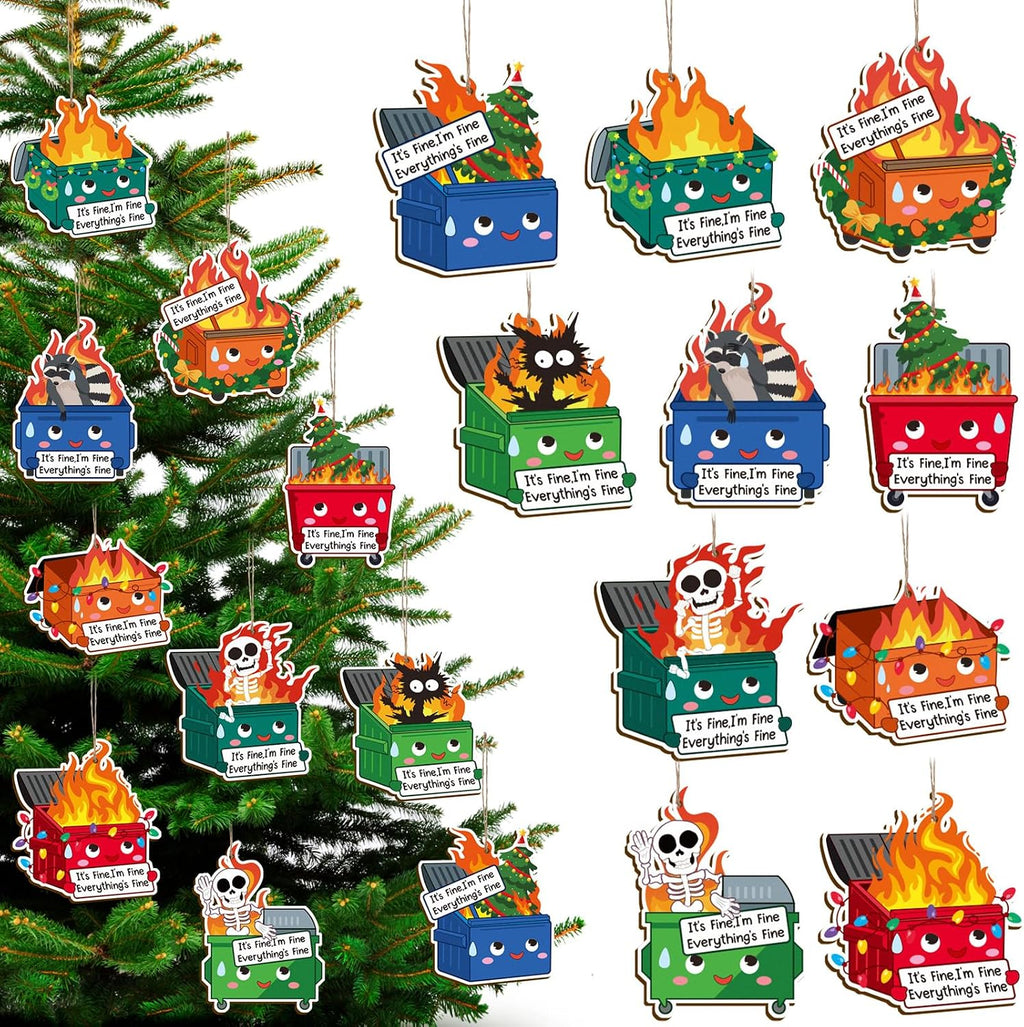 Syhood 50 Pcs Christmas Dumpster Fire Ornament Funny Christmas Tree Hanging Ornaments Bulk Everything is Fine Emotional Dumpster Fire Employee Appreciation Gifts for Team Coworker Nurse, 10 Styles