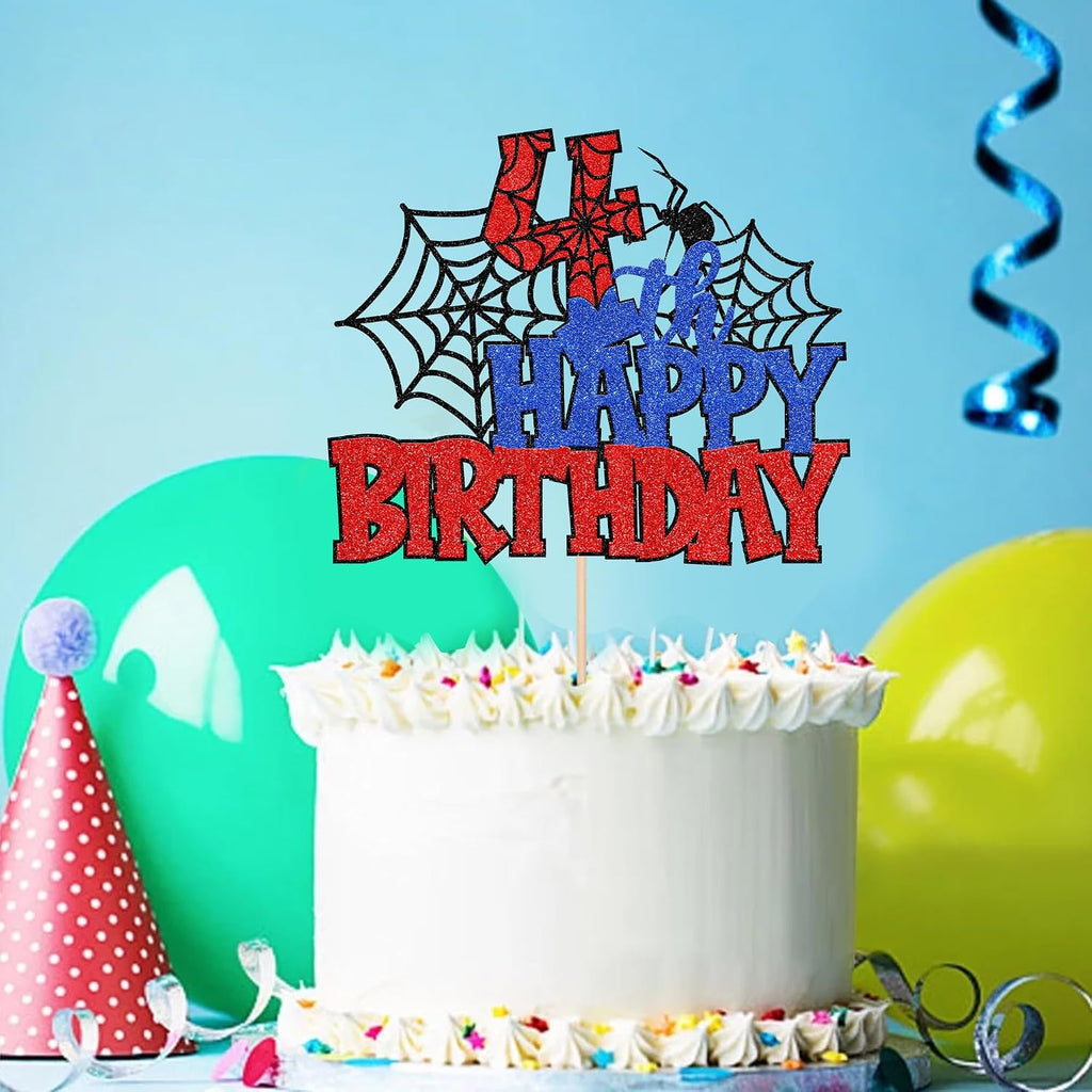 1 PCS Happy 4th Birthday Cake Topper Glitter Spider Web Cheers to 4 Years Four Birthday Cake Pick Superhero Spider Party Decorations for Boys Girls Happy 4th Birthday Party Cake Decorations Supplies