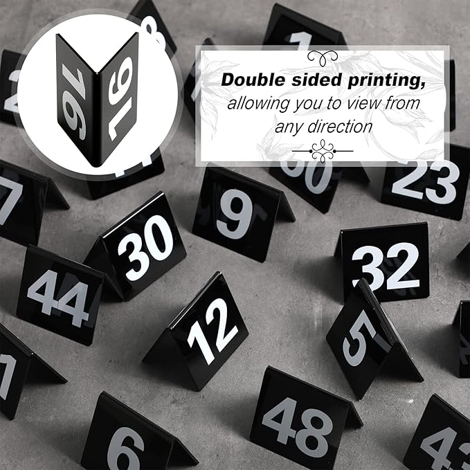 Tuanse Table Numbers 1-50 Acrylic Double Side Numbered Table Tents Restaurant Wedding Number Cards Signs for Banquets Party Wedding Reception(Black)