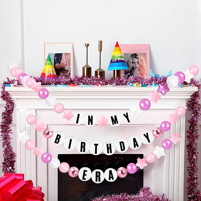 Giant Friendship Bracelet Garland Kit, DIY Birthday Banner with Letters Ball Jumbo Customizable Friendship Bracelet Decor for Halloween Christmas Wedding Party(White, Pink)