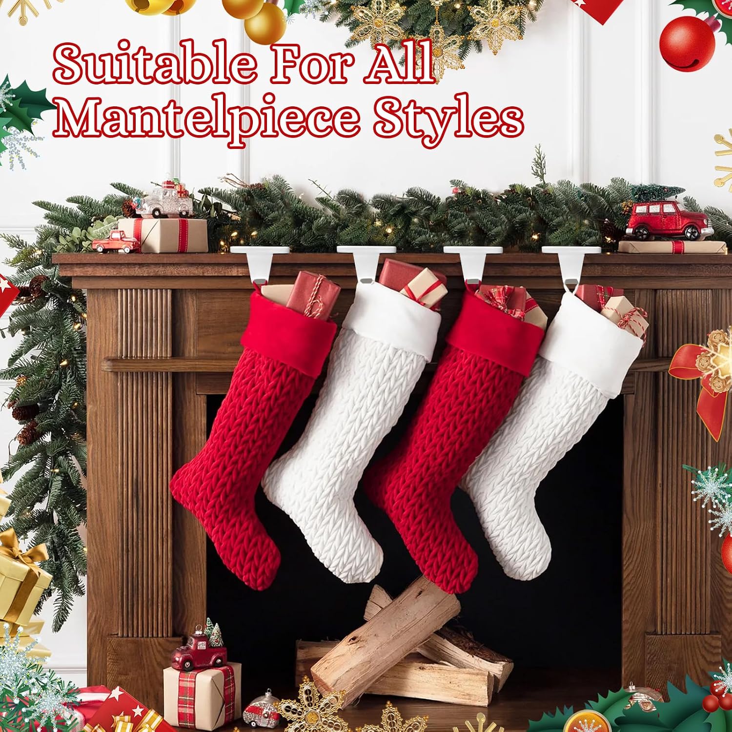 HMASYO Christmas Stocking Holders for Mantle Set of 2, White Heavy Duty Iron Stocking Hangers Base, Low Profile Weighted Stocking Holder Hooks for Fireplace Tabletop Shelf Christmas Decoration