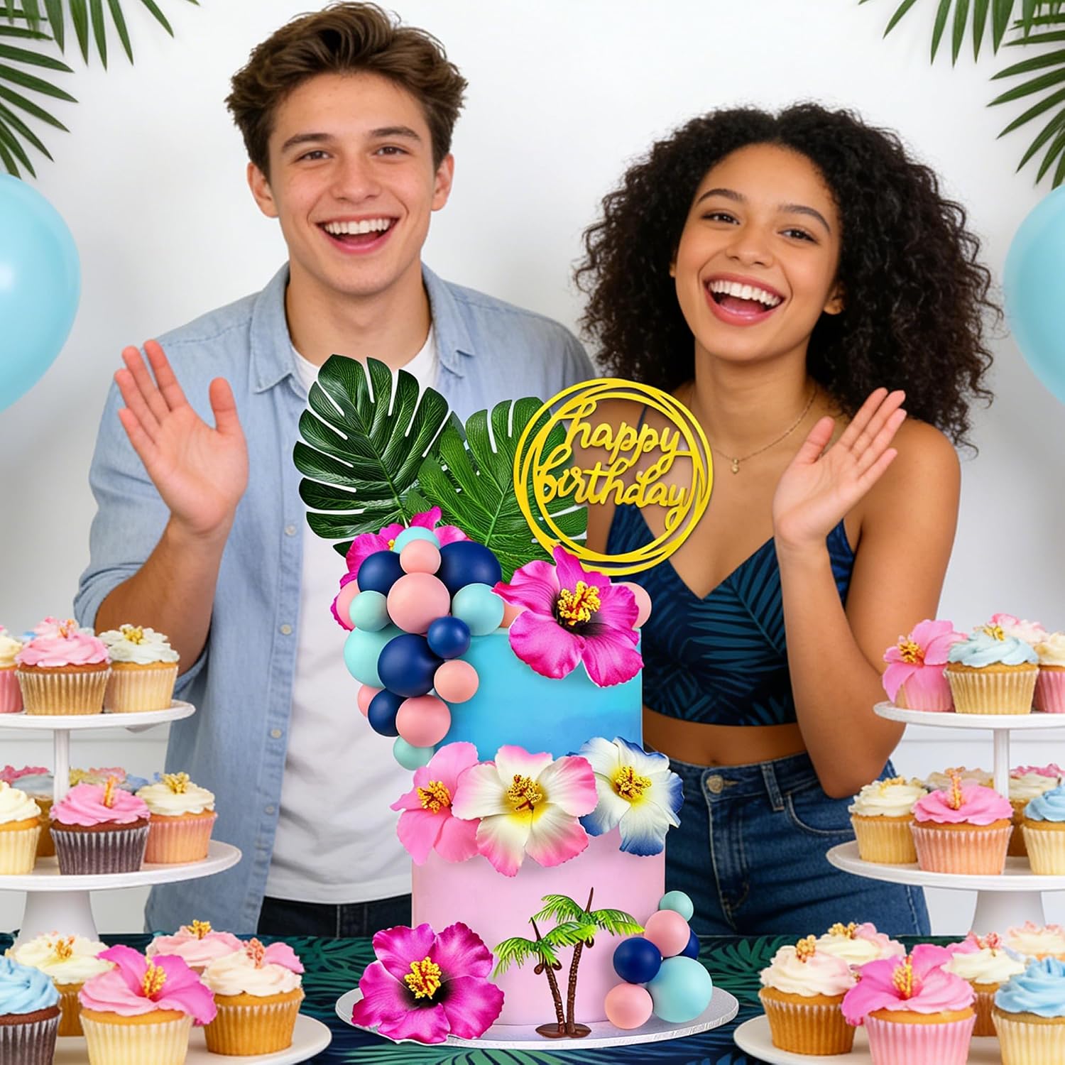 36pcs Hawaiian Flower Cake Decoration Tropical Cake Toppers with Palm Leaves and Summer Flowers Suitable for Summer Themed Birthday Themed Party Supplies (Blue Pink)