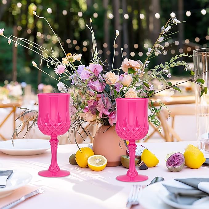 Plastic Vintage Wine Glasses 7OZ Plastic Goblets Vintage Drinking Glasses 24PCS Retro Wedding Glassware Water Goblets Reusable Drinking Cups for Party,Reception,Celebration,Bar,Whiskey(Rose Pink)