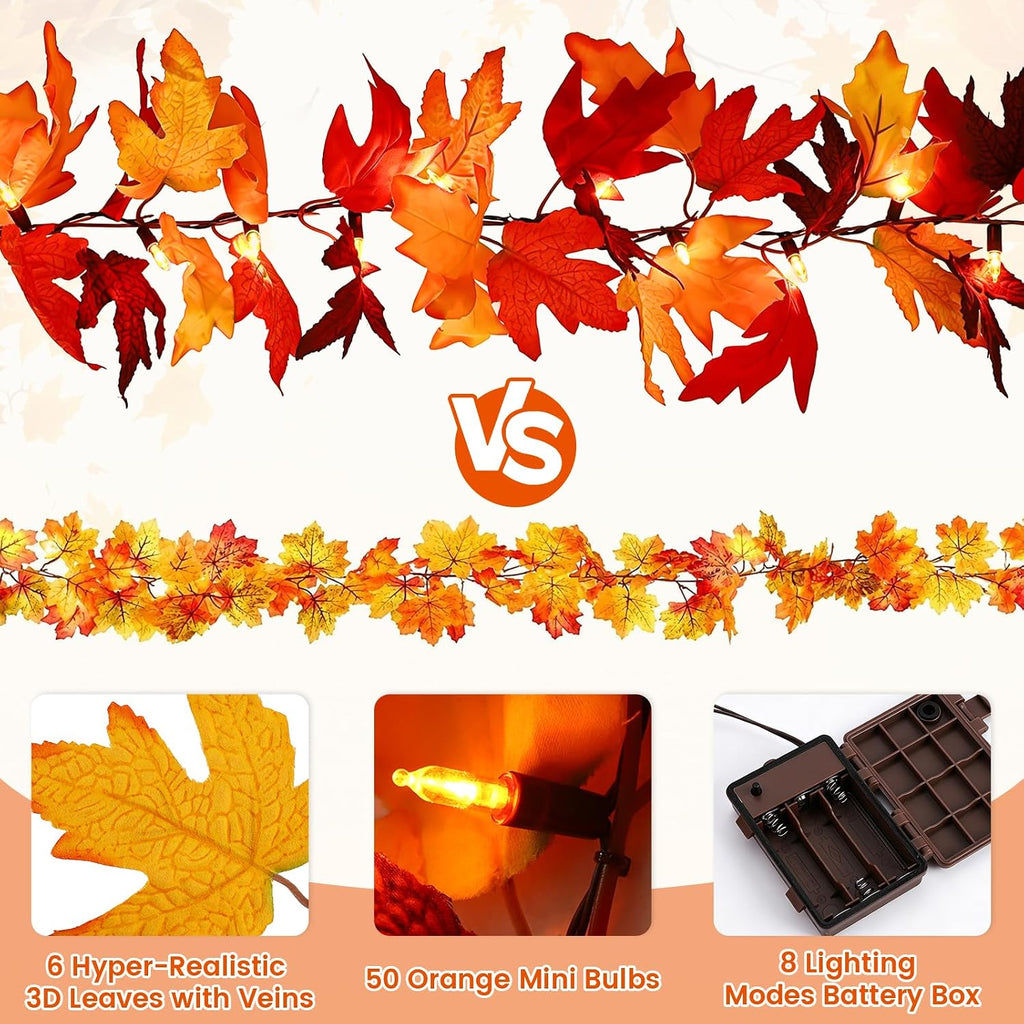 12ft 50 led fall garland with lights,8 modes, close-up detail