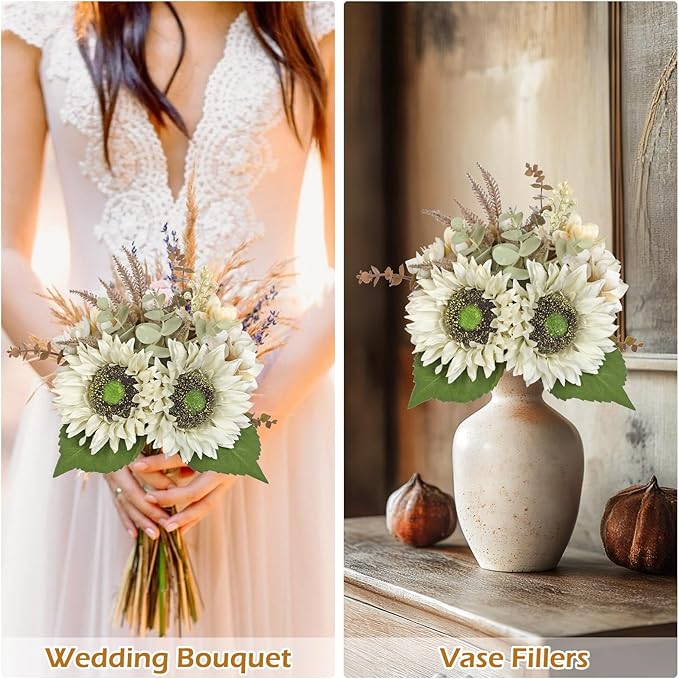 Silk Sunflowers Artificial Flowers with Mason Jar Centerpiece for Table White Fall Flowers in Vase Small Fall Floral Arrangement with Vase Thanksgiving Centerpiece for Dining Room Table Autumn Decor