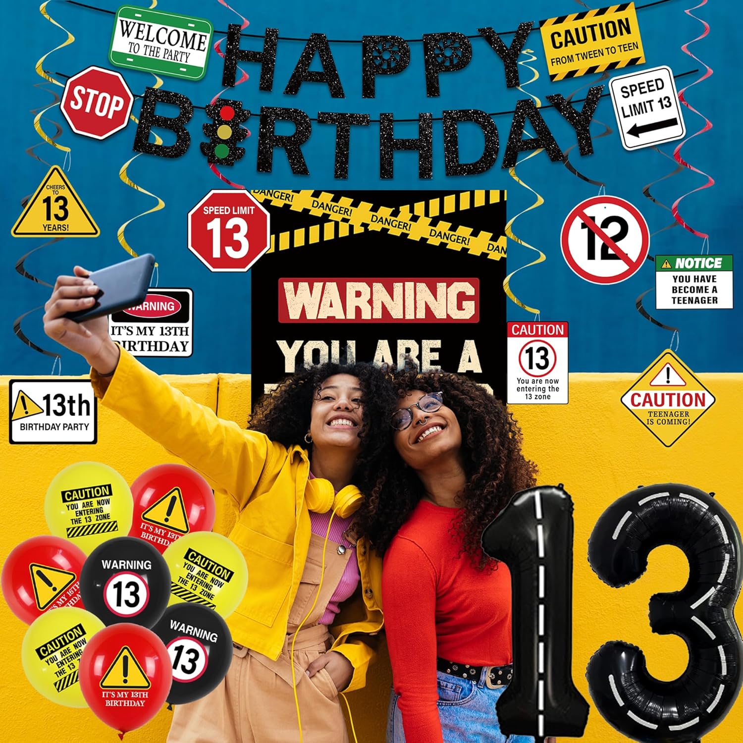 Roetyce 13th Birthday Decorations Boys Girls, Black Happy 13th Birthday Banner Backdrop Balloons Hanging Swirls, Caution Logo Themed Teenager 13 Years Old Party Yard Door Wall Cover Background