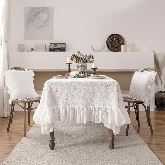 patdrea Vintage Ruffle Tablecloth for Rectangle Tables,Farmhouse Embroidered Cotton White Lace Table Cloth Cover Decor for Dining Room Wedding Banquet Thanksgiving Christmas,63"*98"