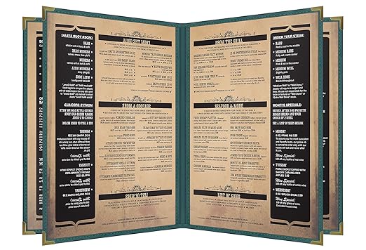 Goodsmart Pajco Style Restaurant Menu Covers – Pack of 10, Side-Loading Menu Holders, Single Stitched Edge, Clear Vinyl Menu Sleeves, Leatherette Trim, Gold Corners, Green, 6 View (8.5" x 11")