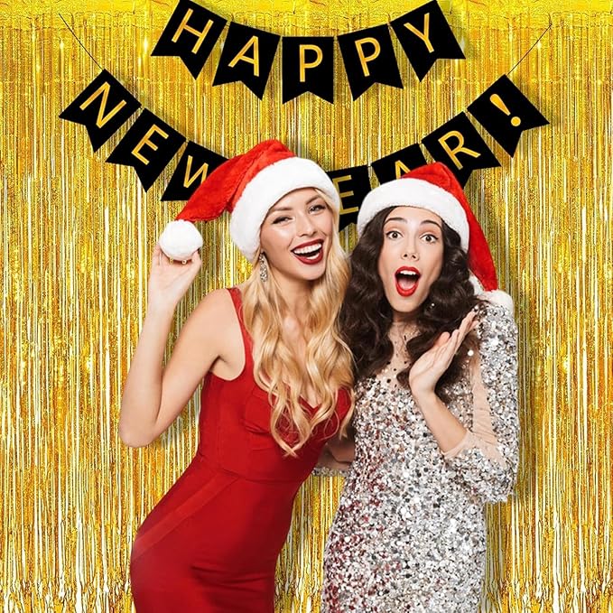 BRAVESHINE Gold Tinsel Foil Fringe Curtains - 2Pcs 3.2x8.2ft Holidays Photo Backdrop for Men 60th Birthdays/Bridal Wedding/Engagement/Anniversary/Hawaiian/Luau/Christmas/New Years Party Decorations