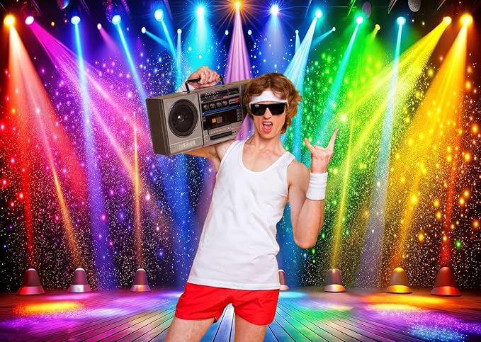 LTLYH 8x6ft Fabric Disco Rainbow Stage 70s 80s 90s Backdrop Vintage Lights Photography Background Rock Music Club Neon Glow Party Decorations Photo Banner 312