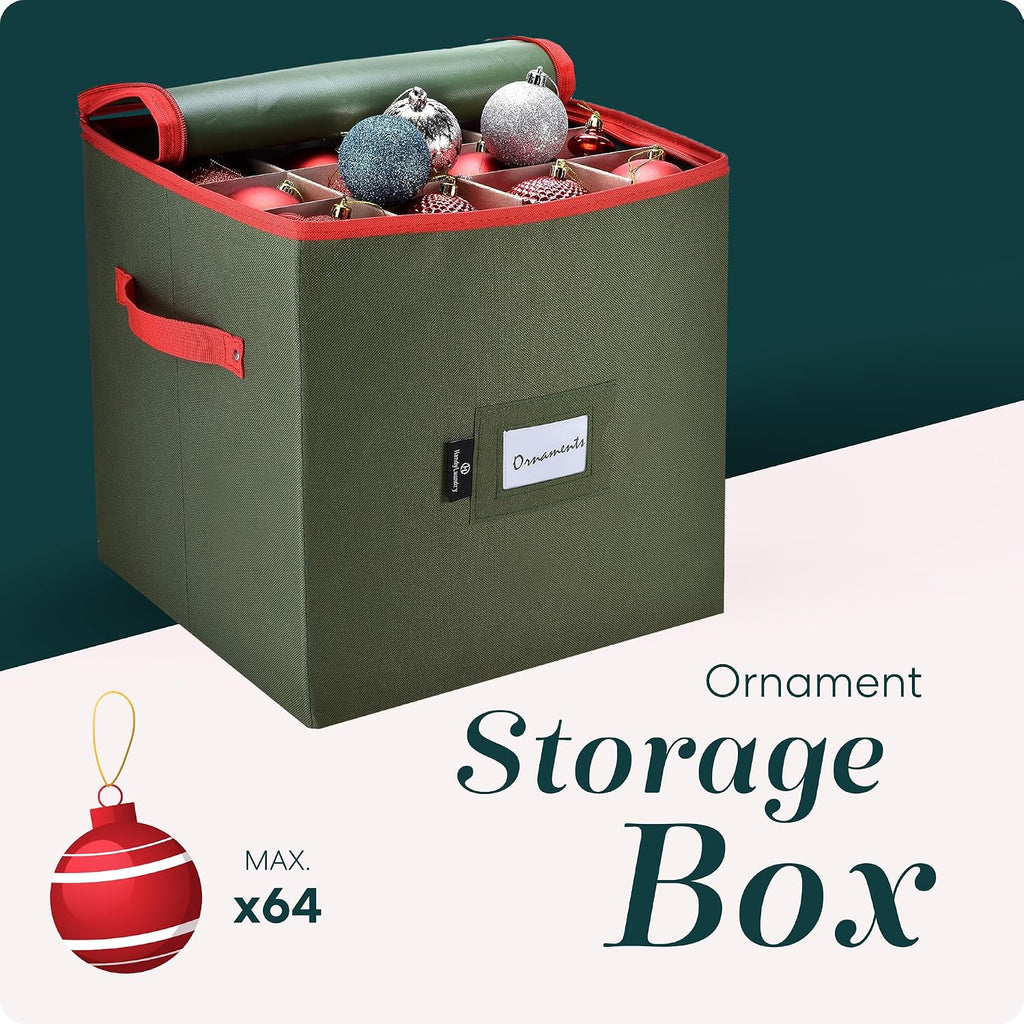 Handy Laundry, Christmas Ornament Storage, Stores up to 64 Holiday Ornament, Adjustable Dividers, Zippered Top, Two Handles Attractive Storage Box Keeps Decorations Clean & Dry for Next Season, Green