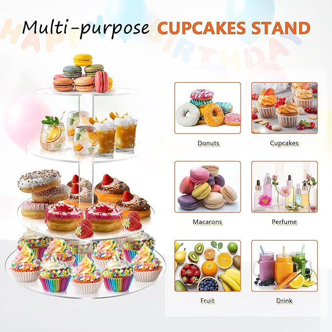 Cupcake Stand, 4 Tier Cupcake Stand for 50 Cupcakes, Round Tiered Cupcake Tower, Clear Acrylic Cupcake Holder, Dessert Stands for Party, Wedding, Birthday, Baby Shower, Halloween