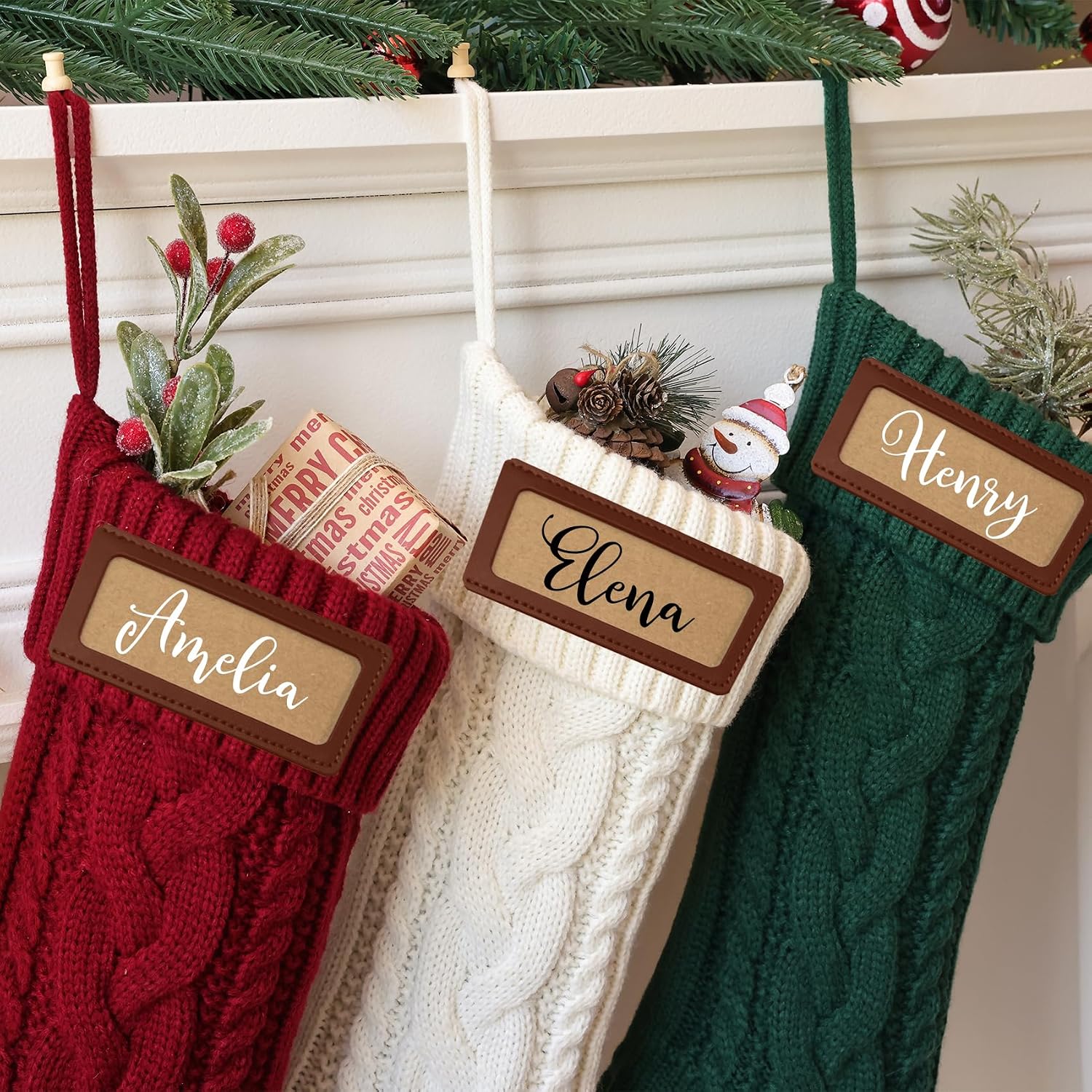 CARAKNOTS Personalized Christmas Stockings 4 Pack Knit Christmas Stockings with Names Tag Patches Vintage Rustic Farmhouse Boho 18" Large Red Green White Knitted Xmas Stocking for Family Kids