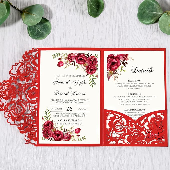DORIS HOME 50pcs Laser Cut Wedding Invitations with Envelopes Red, 4.7x7.1 Personalized Invitation Cards for Wedding, Anniversary Invitations with Envelopes