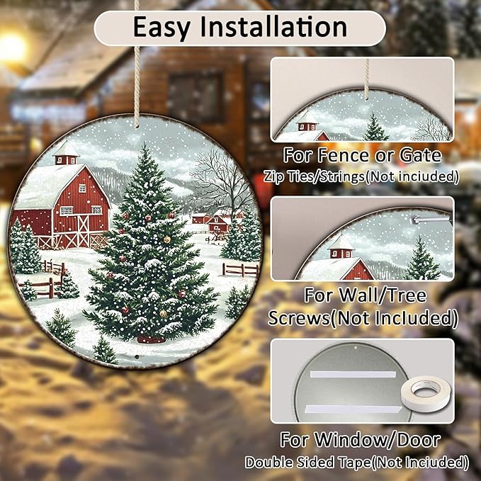 Round Christmas Trees Barn Metal Tin Sign Christmas Vintage Tin Sign for Kitchen Cafe Bar Farmhouse Home Wall Decor Art Winter Decoration 8 * 8 in