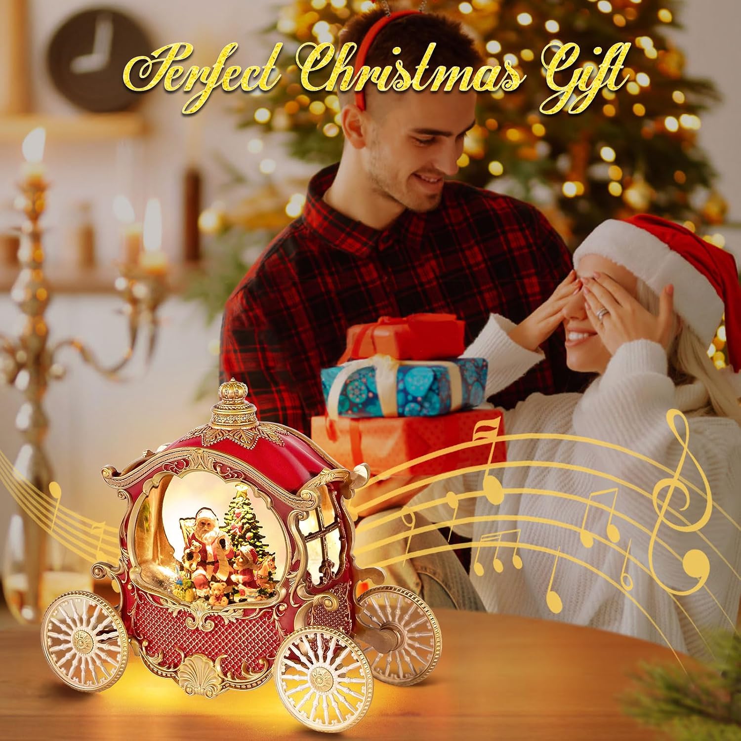 Christmas Snow Globes,Christmas Carriage Snow Globe with 8 Music & Timer, Battery Or USB Cable Powered Operated Glittering for Christmas Table Centerpiece Decoration.Gift- Santa,Christmas Tree