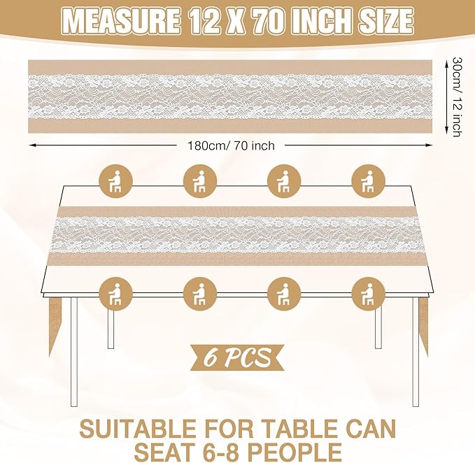 Xinnun 6 Pack Burlap Table Runner with LED String Lights, Modern Rustic Lace Natural Vintage Boho Jute Wedding Table Decor for Farmhouse Thanksgiving Christmas(Thanksgiving Harvest Style,12x70 Inches)