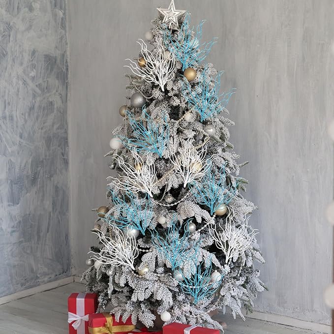 8 Pcs Blue White Coastal Ornaments for Christmas Tree 15.7inch Glitter Coral Beach Ocean Spray Pick Branch Christmas Tree Topper Decorations Filler Twigs for Xmas Vase Wreaths Gift
