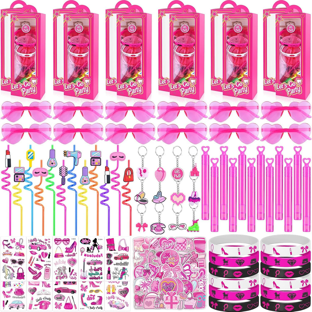 184Pcs Pink Girls Party Favors Pack - For 12Guests, Includ Goodie Box Heart Glasses Straws Bubble Wands Tattoo Sticker Bracelet Keychain, for Kids Girls Birthday Party Decoration Supplies