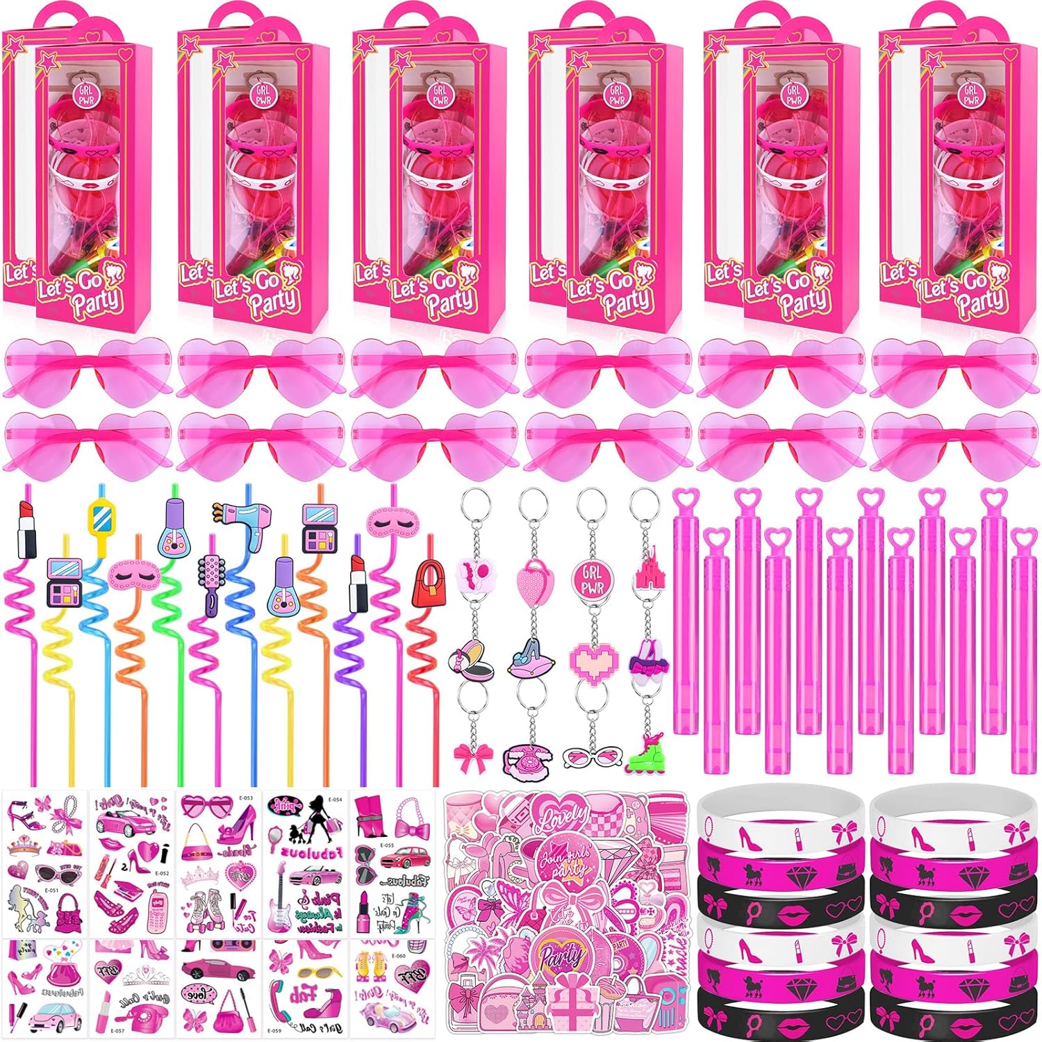 184Pcs Pink Girls Party Favors Pack - For 12Guests, Includ Goodie Box Heart Glasses Straws Bubble Wands Tattoo Sticker Bracelet Keychain, for Kids Girls Birthday Party Decoration Supplies