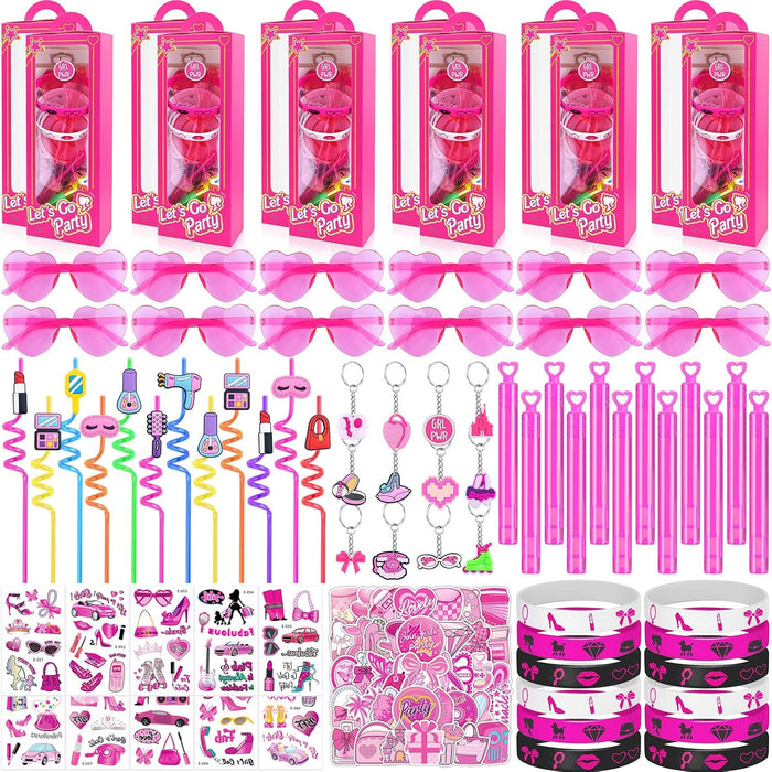 184Pcs Pink Girls Party Favors Pack - For 12Guests, Includ Goodie Box Heart Glasses Straws Bubble Wands Tattoo Sticker Bracelet Keychain, for Kids Girls Birthday Party Decoration Supplies
