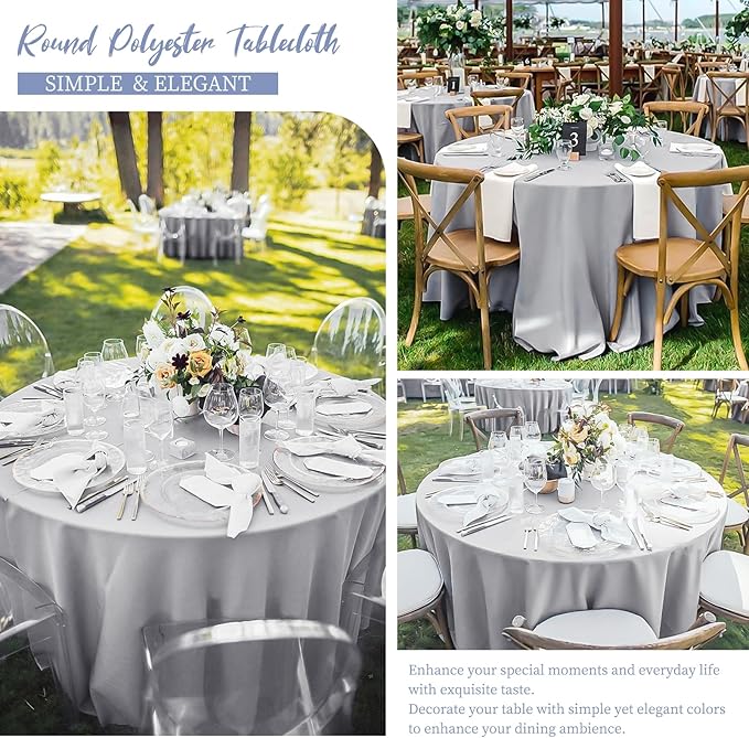 12 Pack Round Tablecloth 120 Inch - Light Grey Polyester Table Cloth for Round Table, Premium Light Grey Tableclothes Washable Fabric Cover for Wedding Party Banquet Restaurant Reception Dining