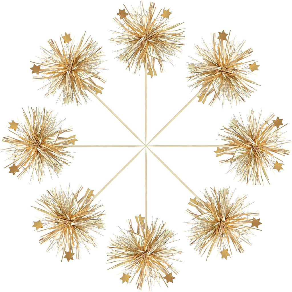Gyufise 30Pcs Foil Firework Cupcake Toppers Happy Birthday Cake Toppers Sparkle Tinsel Flower Drink Stirrers Cocktail Food Fruit Toothpicks for Valentine's Day Party Supplies Gold