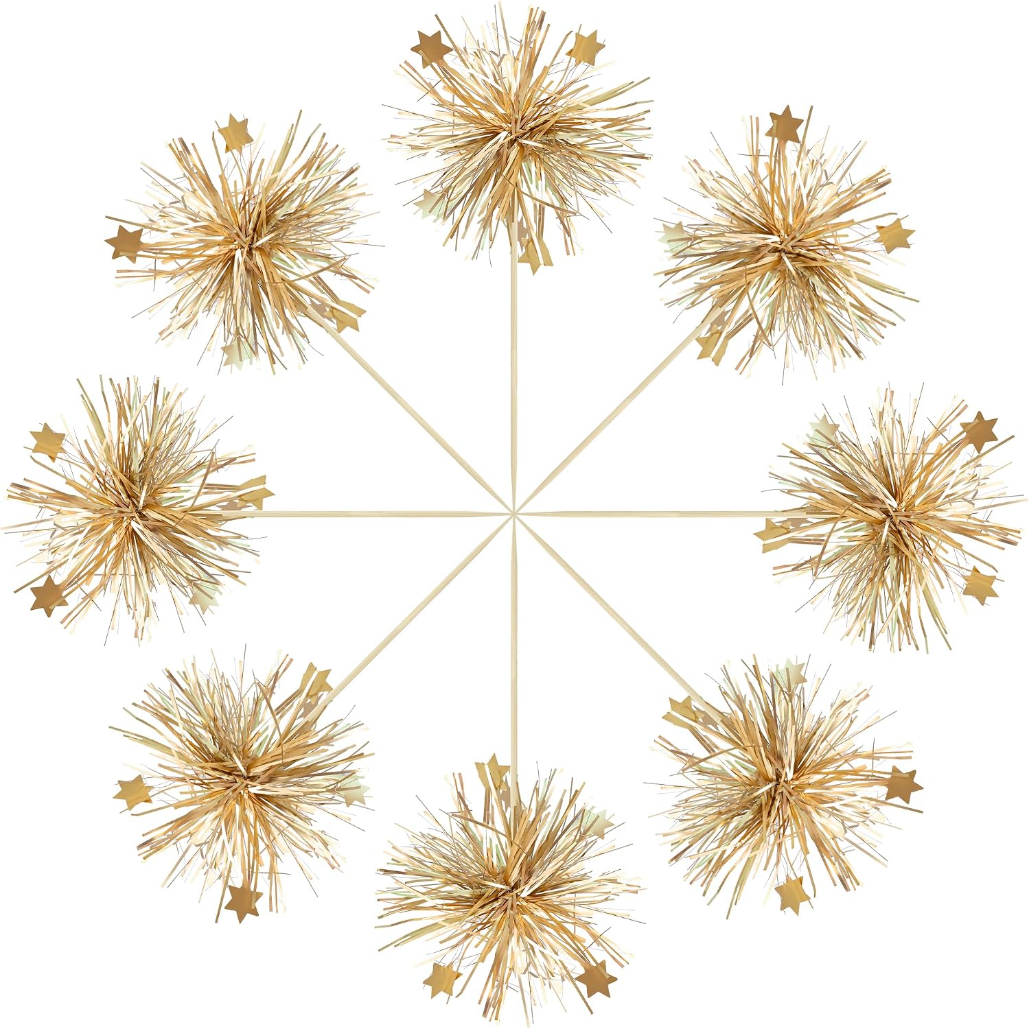 Gyufise 30Pcs Foil Firework Cupcake Toppers Happy Birthday Cake Toppers Sparkle Tinsel Flower Drink Stirrers Cocktail Food Fruit Toothpicks for Valentine's Day Party Supplies Gold