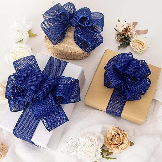 Ribbli Royal Blue Burlap Wired Ribbon,1-1/2 Inch x 10 Yard,Dark Blue Wired Edge Ribbon for Big Bow,Wreath,Tree Decoration,Outdoor Decoration