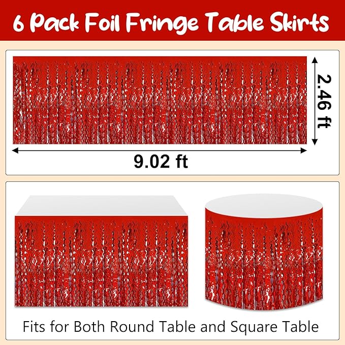 6Pack 29 x108 Inch Red Wave Foil Fringe Table Skirts Metallic Banner for Tinsel Streamer Garland Backdrop for Parade Floats, Mother's Day, Easter, Graduate, Birthday, Wedding Party Decoration
