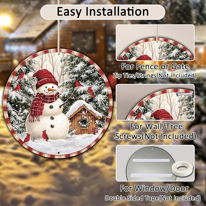 Round Christmas Metal Signs Vintage Snowman and Red Birds Tin Sign Metal Poster Christmas Snowman Sign for Bedroom Farmhouse Garage Wall Decor 8 * 8 in