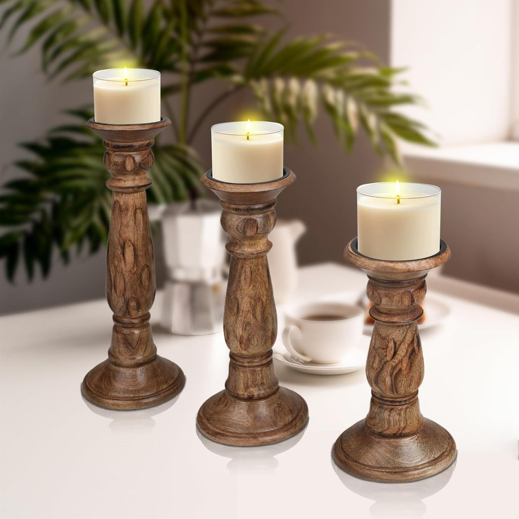 Rustic Wooden Candle Holder Set of 3, Hand-Carved Mango Wood with Elegant Design, Vintage Unique Carving Home Décor Pillar & Tea Light Candle Stands, Boho Chic Accent - 14,12,10 Inch Burnt