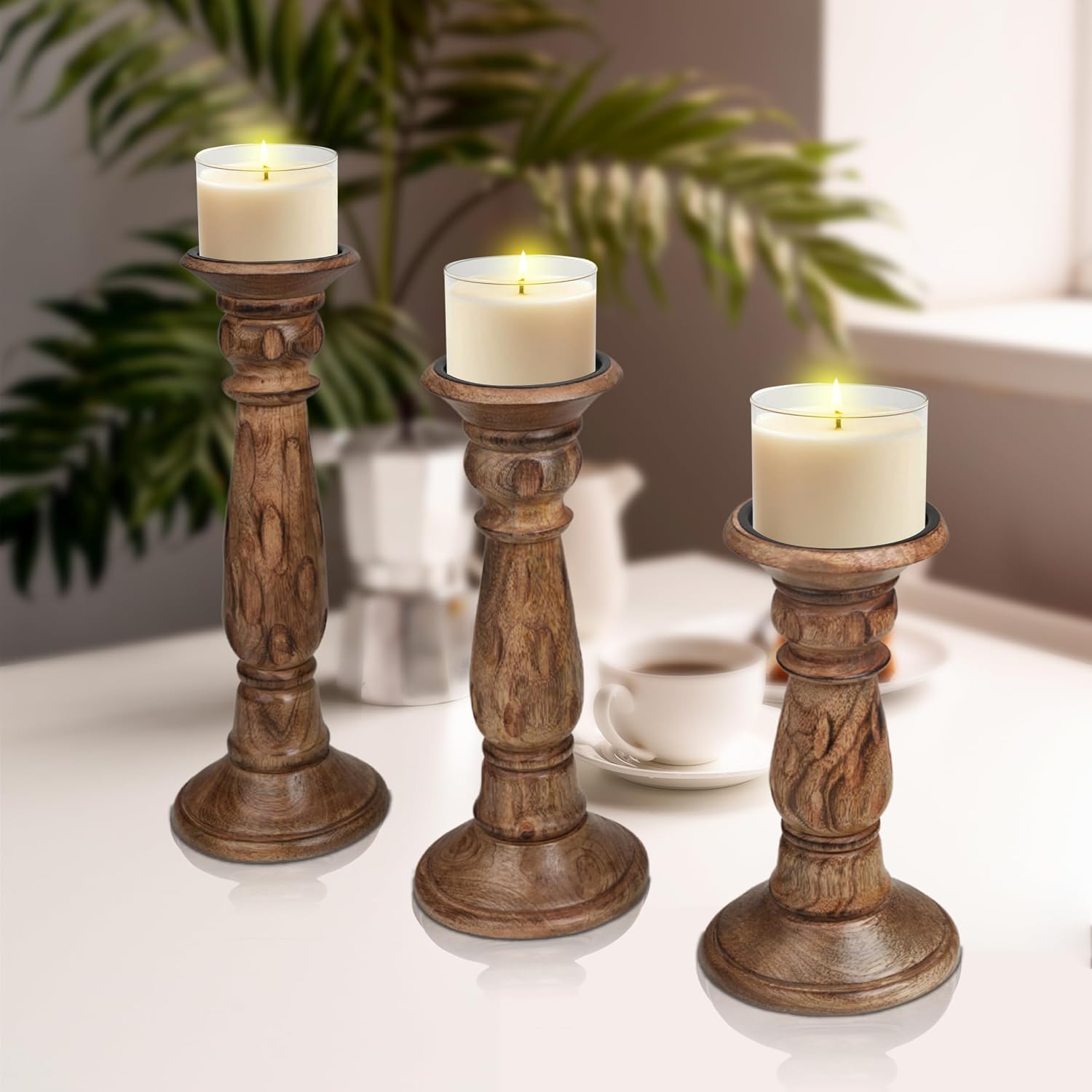 Rustic Wooden Candle Holder Set of 3, Hand-Carved Mango Wood with Elegant Design, Vintage Unique Carving Home Décor Pillar & Tea Light Candle Stands, Boho Chic Accent - 14,12,10 Inch Burnt