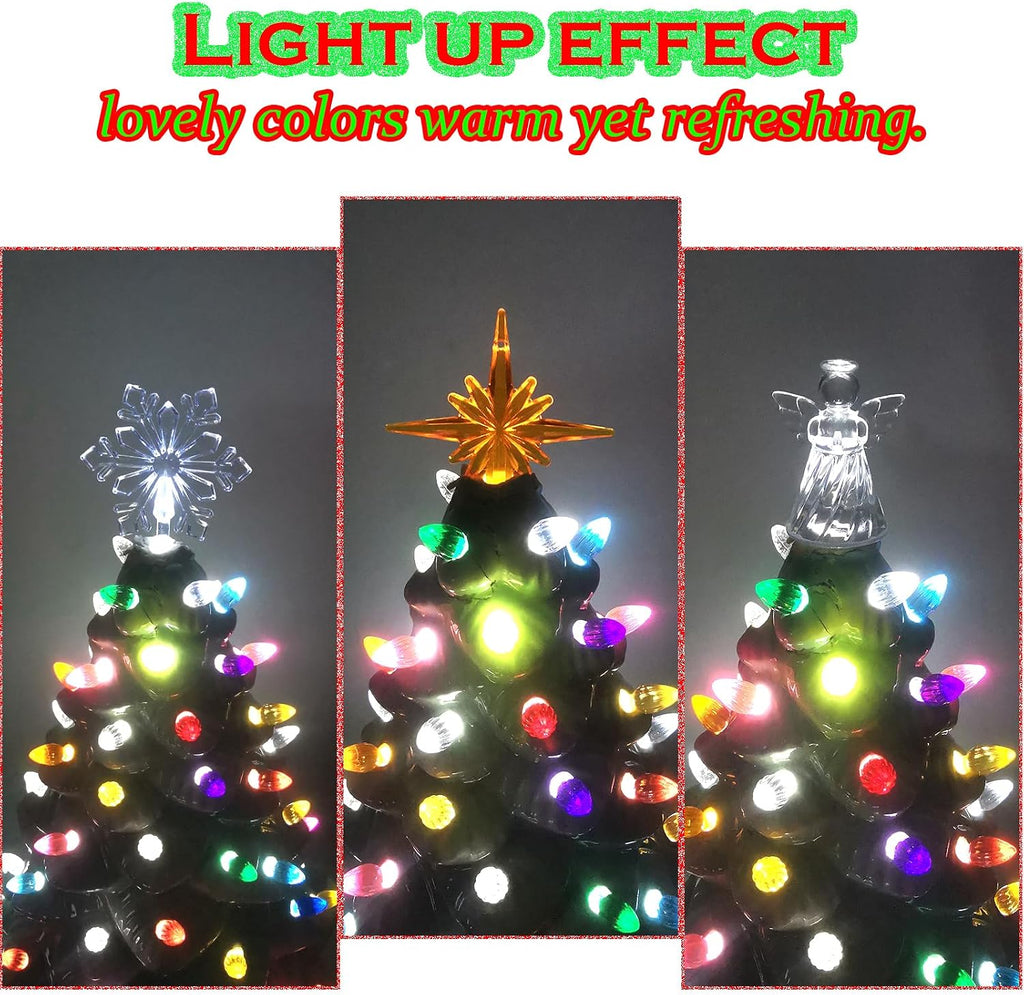 110Pcs in 10 Colors Ceramic Christmas Tree Replacement Bulbs - Plastic Lights Pegs, Included Angel Topper＆Snowflake Top＆Cross Stars.