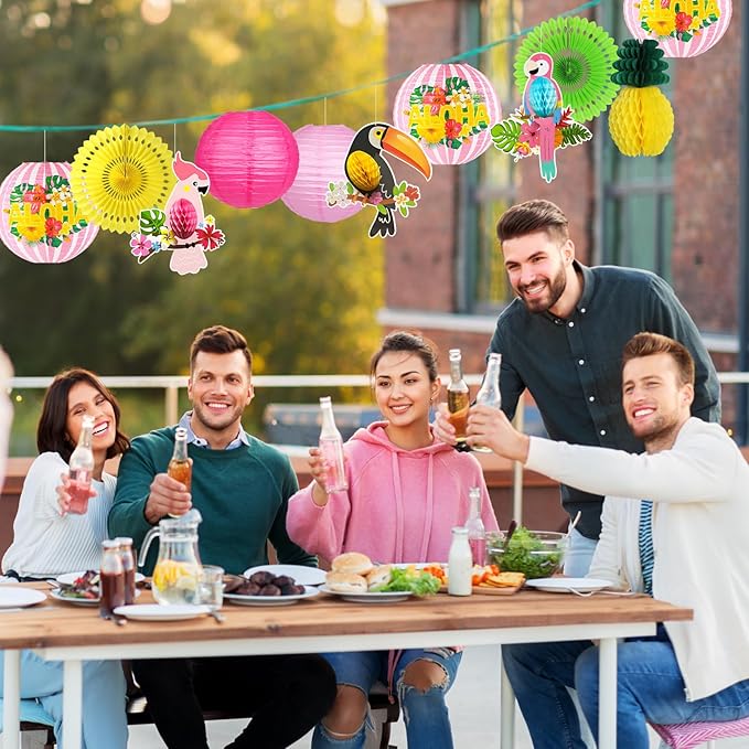 Luau Party Decorations, Aloha Paper Lanterns Tropical Parrot Birds Tissue Paper Fans Pineapple Honeycomb Decorations for Beach Pool Flamingo Moana Birthday Party Supplies