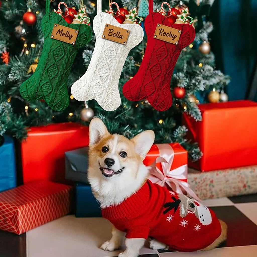 Funny DIY Personalized Dog Christmas Stocking, Large Bone Shape Cable Knit Custom Name Embroidered Dog Xmas Stockings, Knitted Hanging Stockings Pets