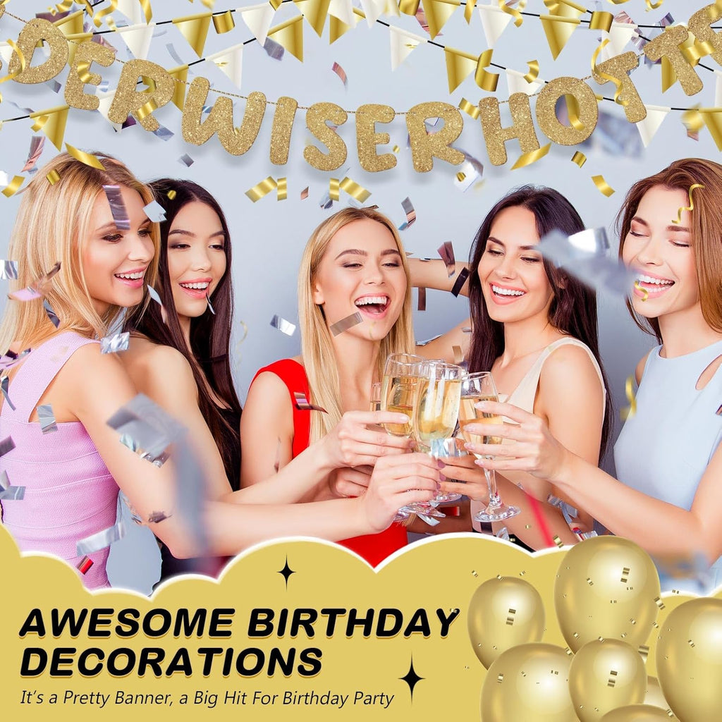 Fulmoon Set of 3 Pre Strung Older Wiser Hotter Glitter Banner Funny Birthday Banner for Women 30th 40th 50th 60th 70th 80th Birthday Party Decorations Sign Gift(Champaign Gold)