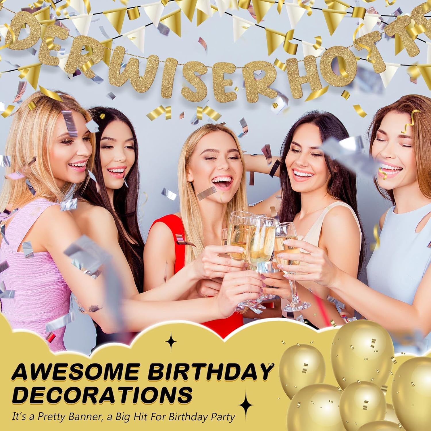 Fulmoon Set of 3 Pre Strung Older Wiser Hotter Glitter Banner Funny Birthday Banner for Women 30th 40th 50th 60th 70th 80th Birthday Party Decorations Sign Gift(Champaign Gold)