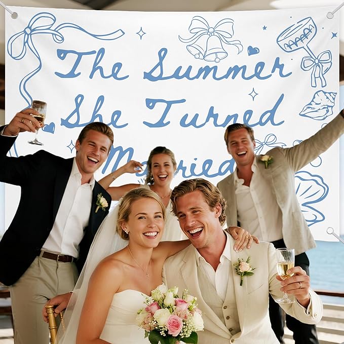 The Summer She Turned Married Backdrop - Beach Wedding Party Decorations - Bridal Shower Bachelorette Party Background Blue