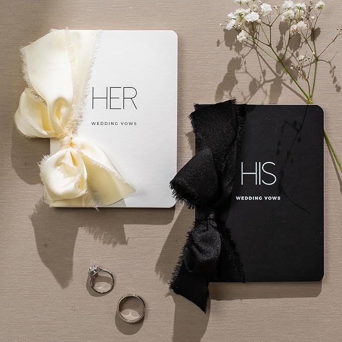 Black White His Her Slim Vow Books w/Ribbon (Set of 2) - 5.625 x 4" Minimalist Pocket Sized Modern Wedding Ceremony Vow Renewal Speech Notebook Journal