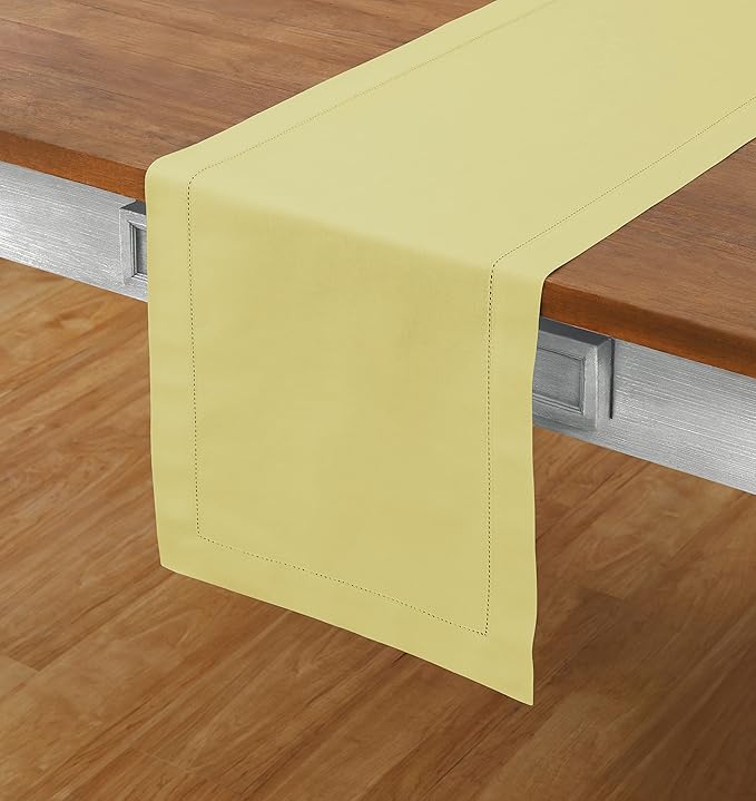 Solino Home Yellow Table Runner 36 Inches - Cotton Linen Hemstitch Coffee Table Runner 14 x 36 Inch Ideal for Dresser Tables