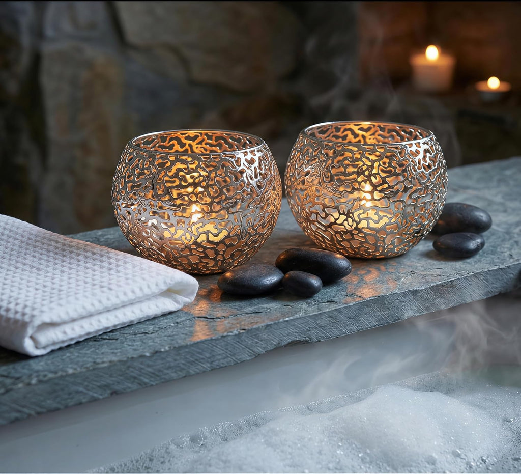Metal Cut-Out Tealight Candle Holders Set of 2 – Geometric Lanterns for Table Centerpiece & Bathroom Spa – Shatterproof Holiday Decor, Winter Wedding (Gold/Silver)