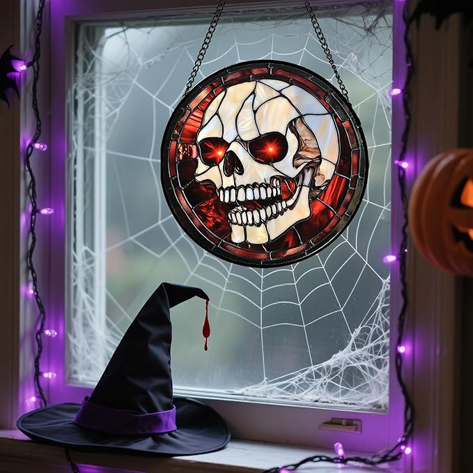 Stained Glass Window Hanging - Halloween Decorations White Skeleton Suncatcher for Doors Garden Indoor Spooky Funny Red Sun Catchers Gothic Decor Horror Gifts for Women Men Friend 11.8 in