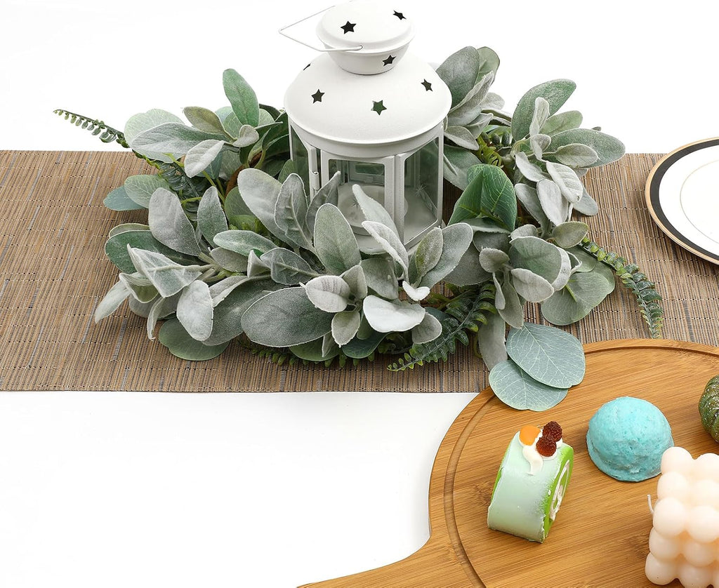 shacos artificial flocked lambs ear garland with eucalyptus, close-up detail